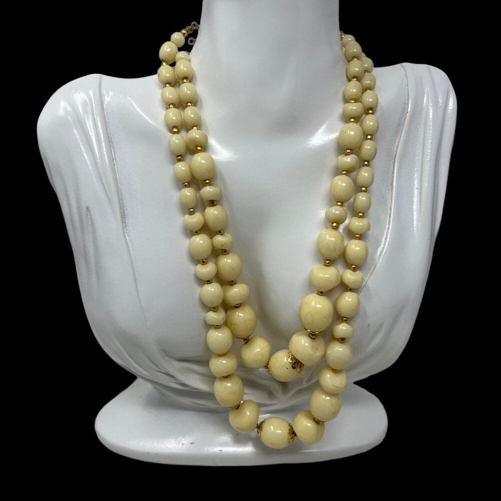 Vintage Yellow Beaded Necklace with Gold Spacer Beads‎ Made in Hong Kong
